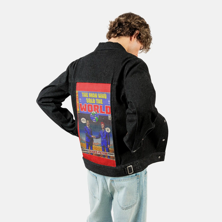 manwhosold patch on male og denim jacket in raven
