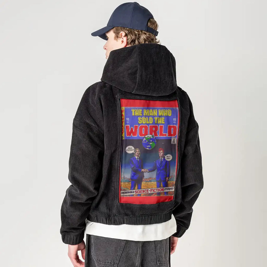 manwhosold patch on male retro cord hoodie in onyx