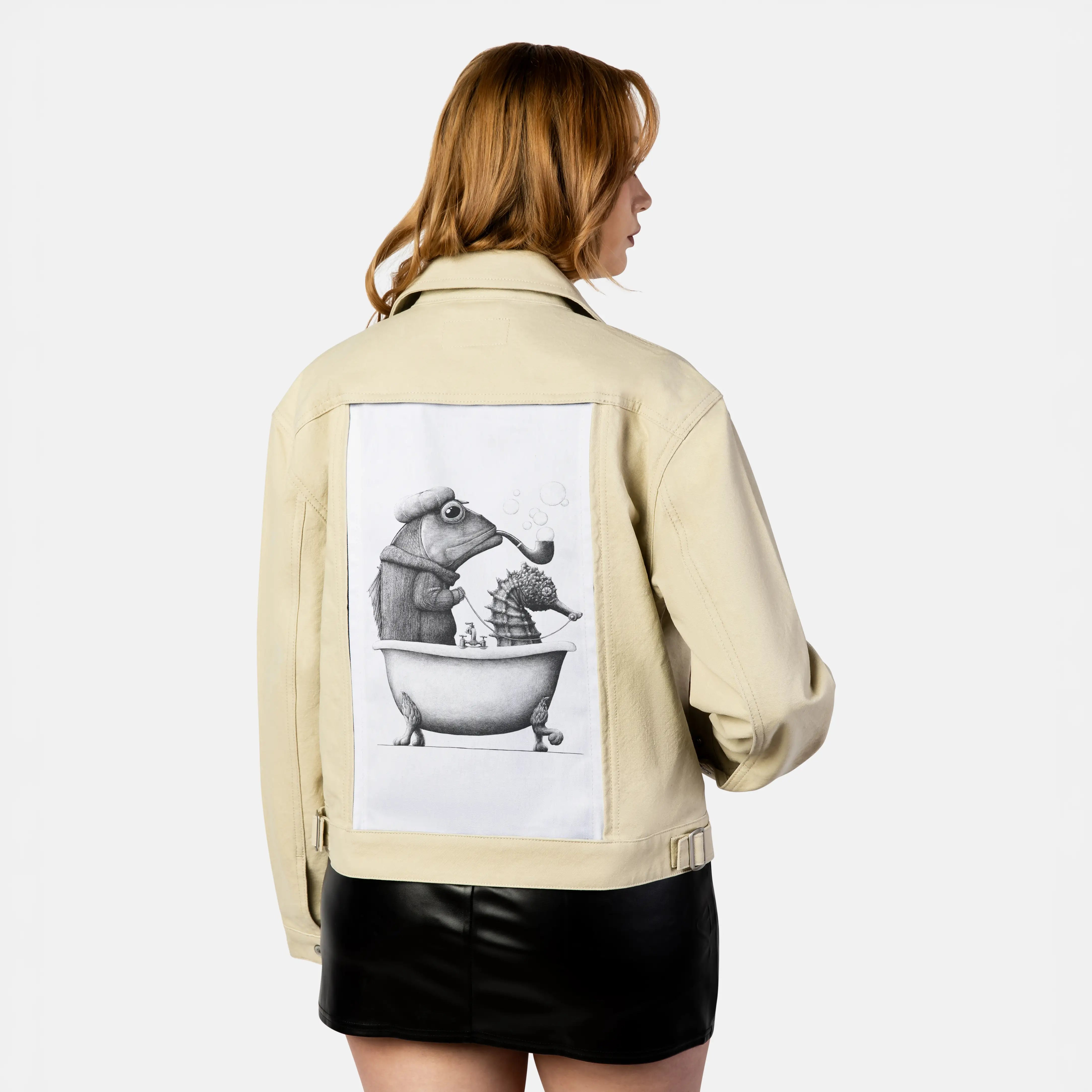 marinebath patch on female atelier canvas jacket in tan