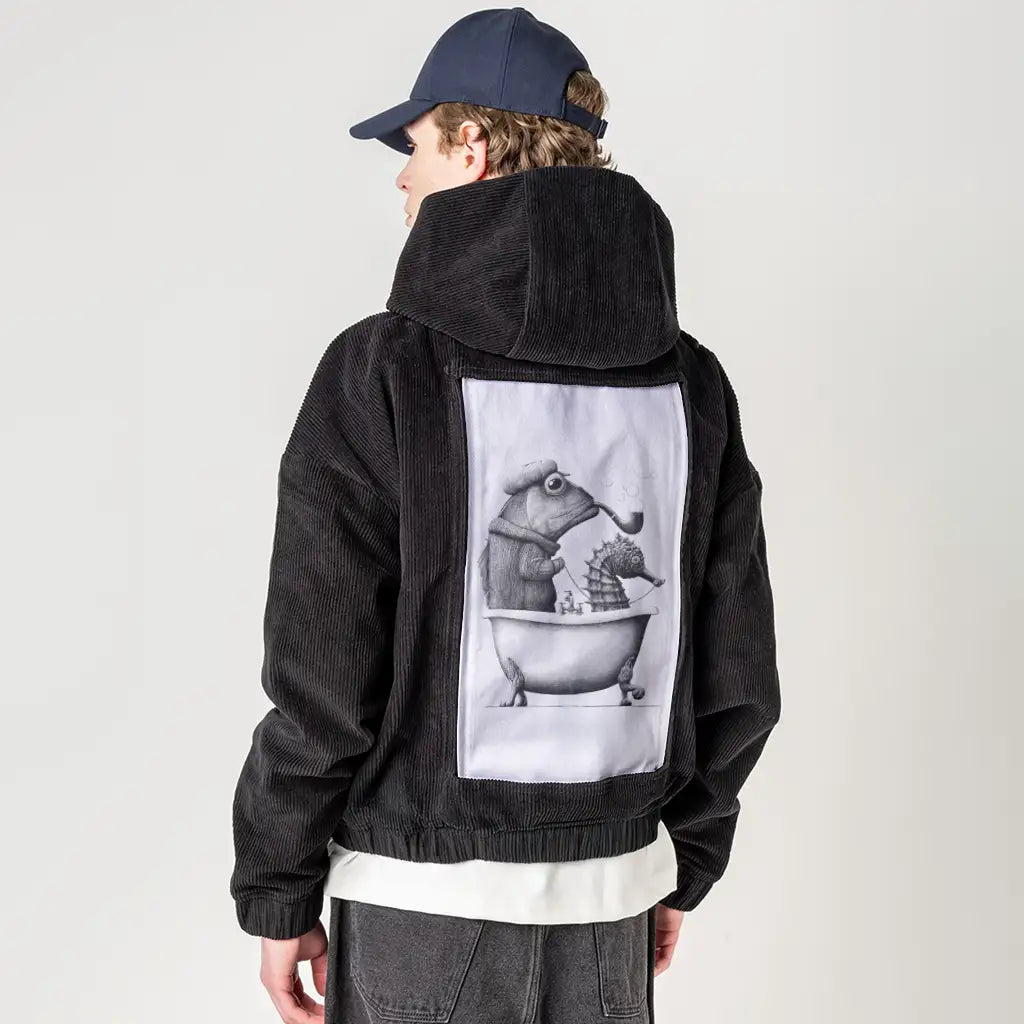 marinebath patch on male retro cord hoodie in onyx