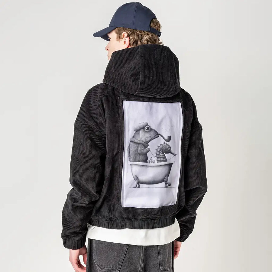 marinebath patch on male retro cord hoodie in onyx