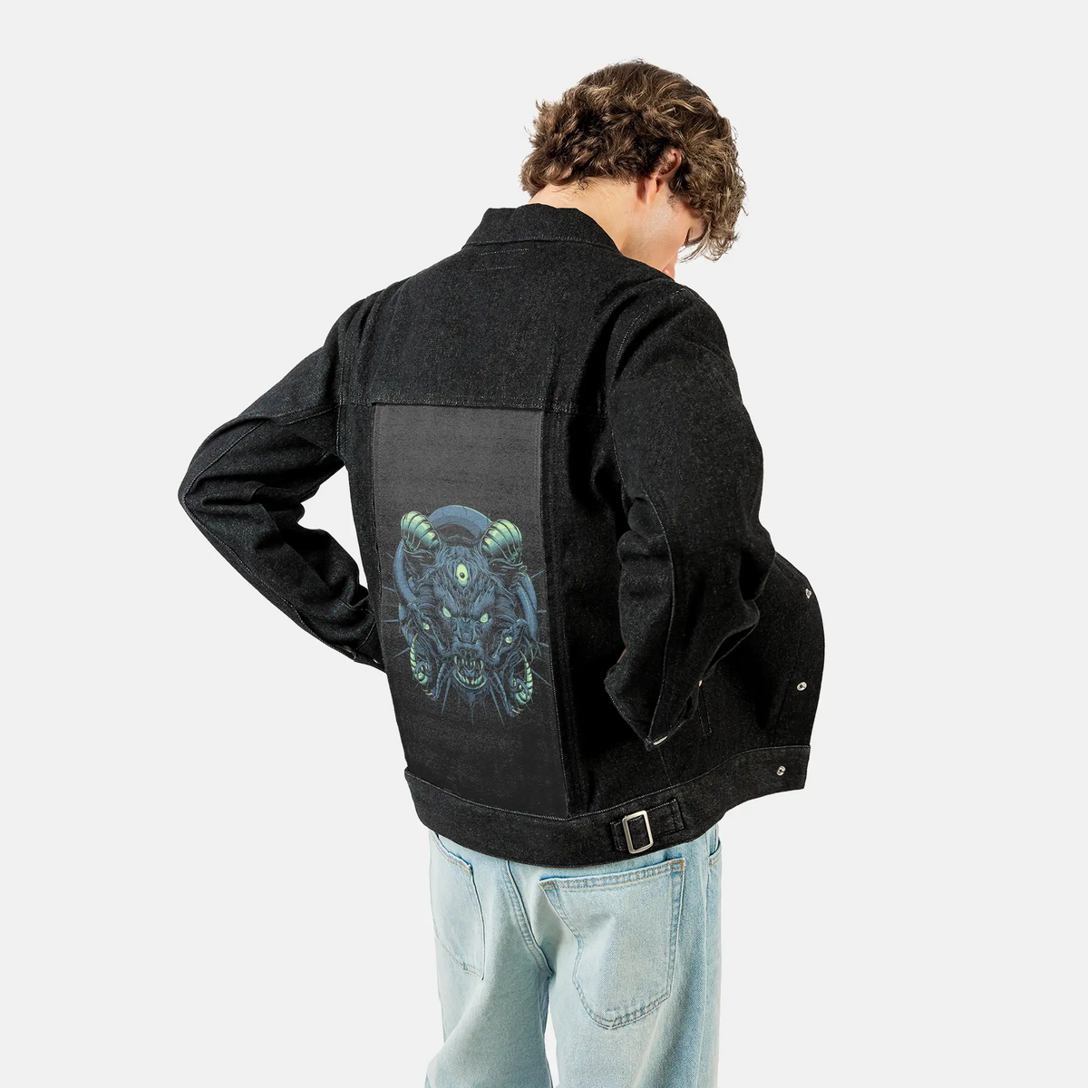 marinehellhounds patch on male og denim jacket in raven