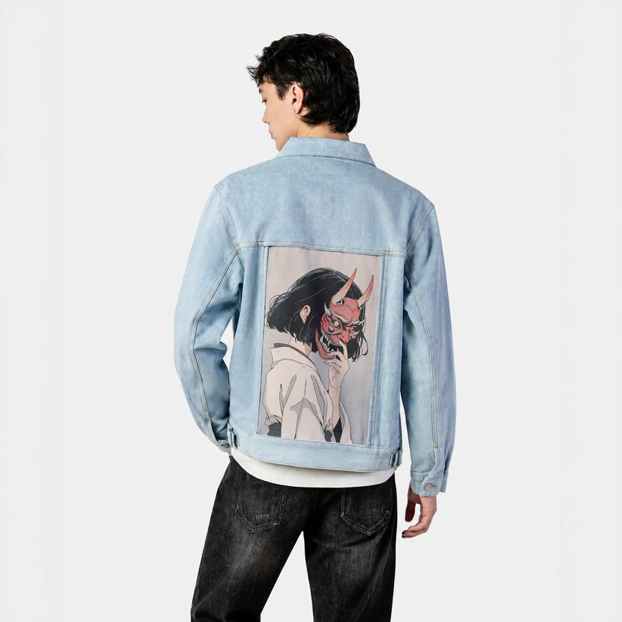 maskedoni patch on male og denim jacket in oceanside