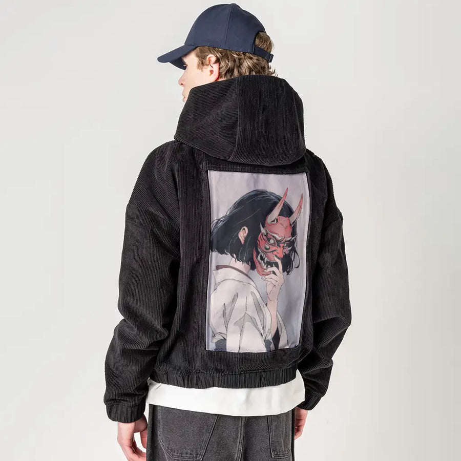 maskedoni patch on male retro cord hoodie in onyx