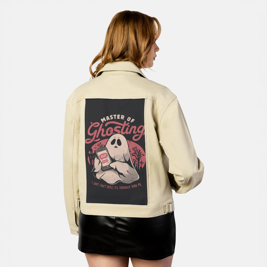 masterofghosting patch on female atelier canvas jacket in tan