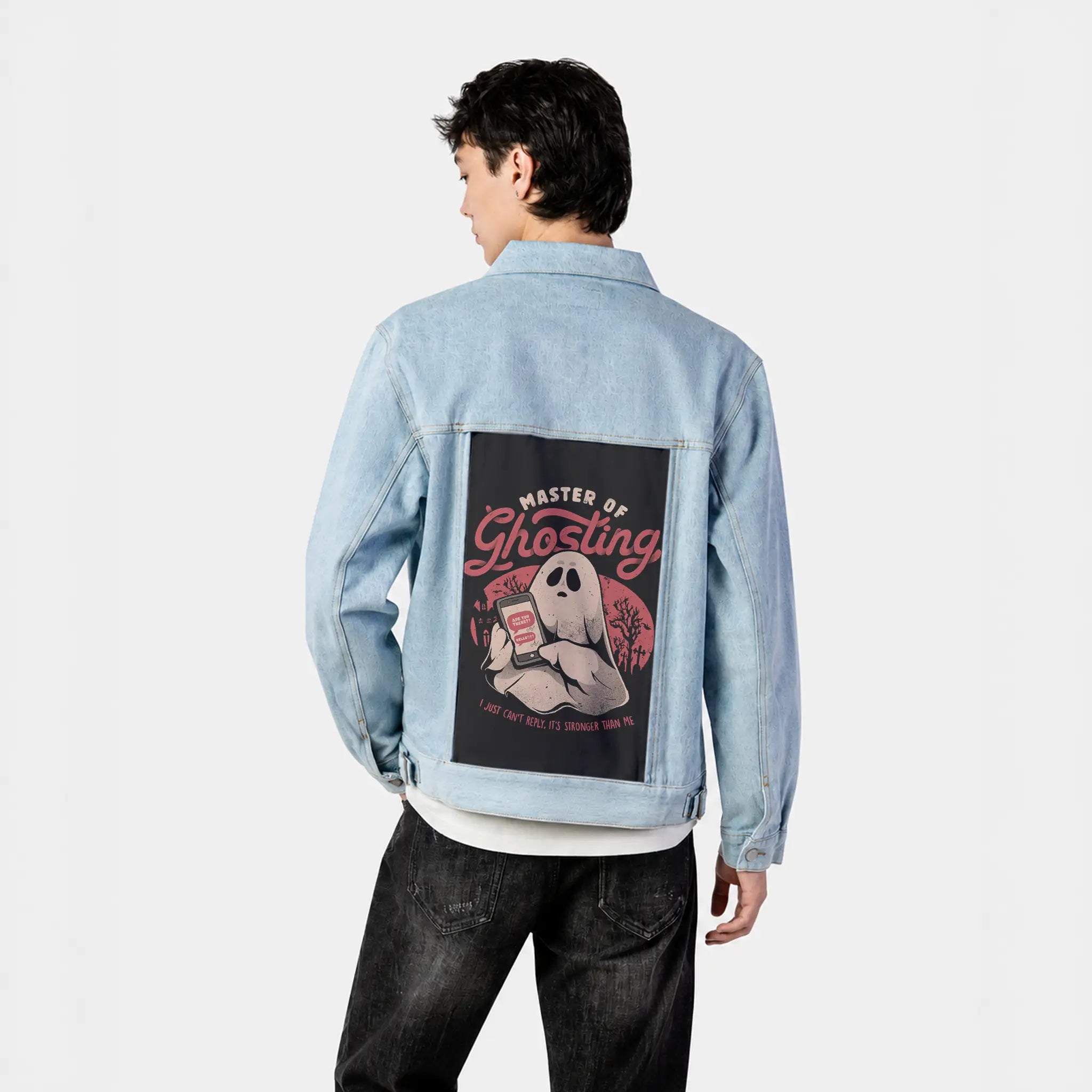masterofghosting patch on male og denim jacket in oceanside