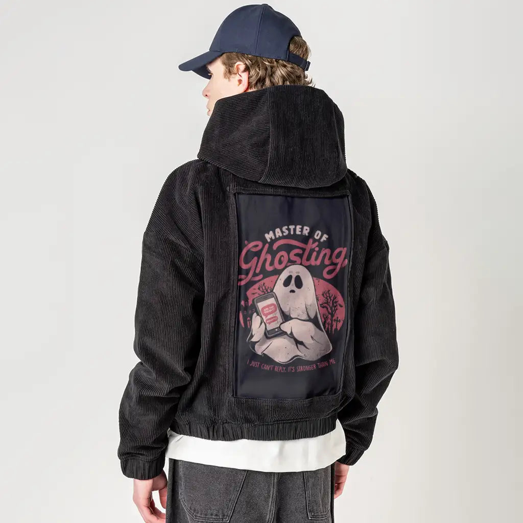 masterofghosting patch on male retro cord hoodie in onyx