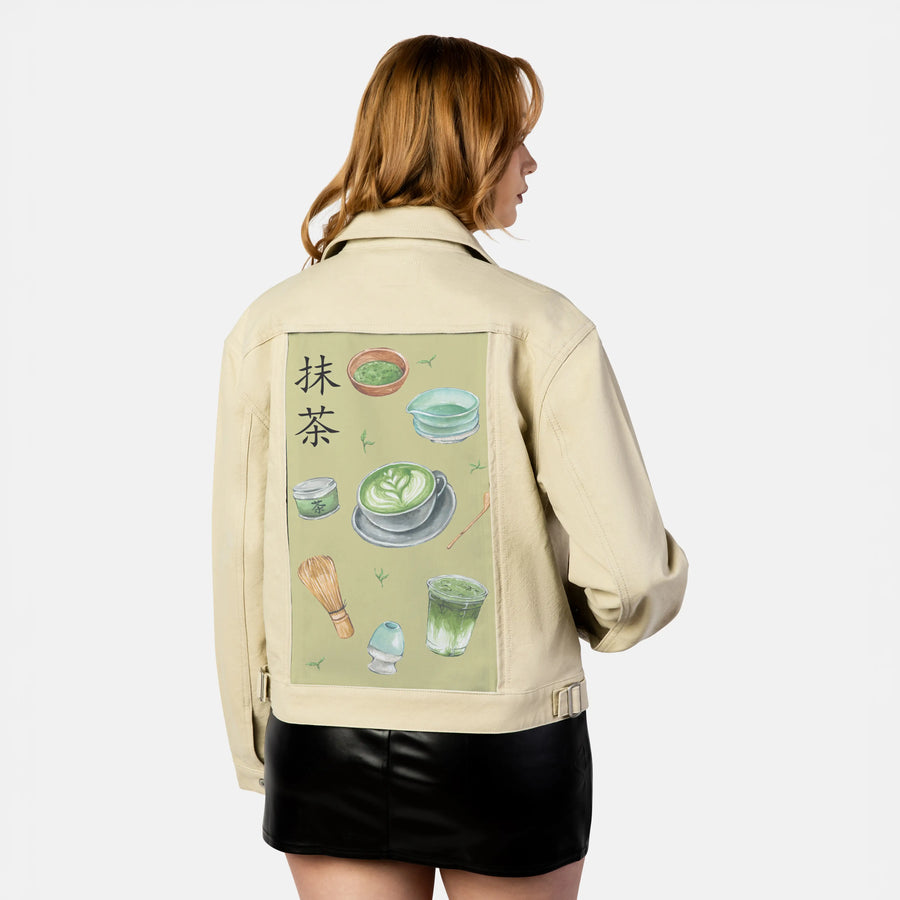 matcha patch on female atelier canvas jacket in tan
