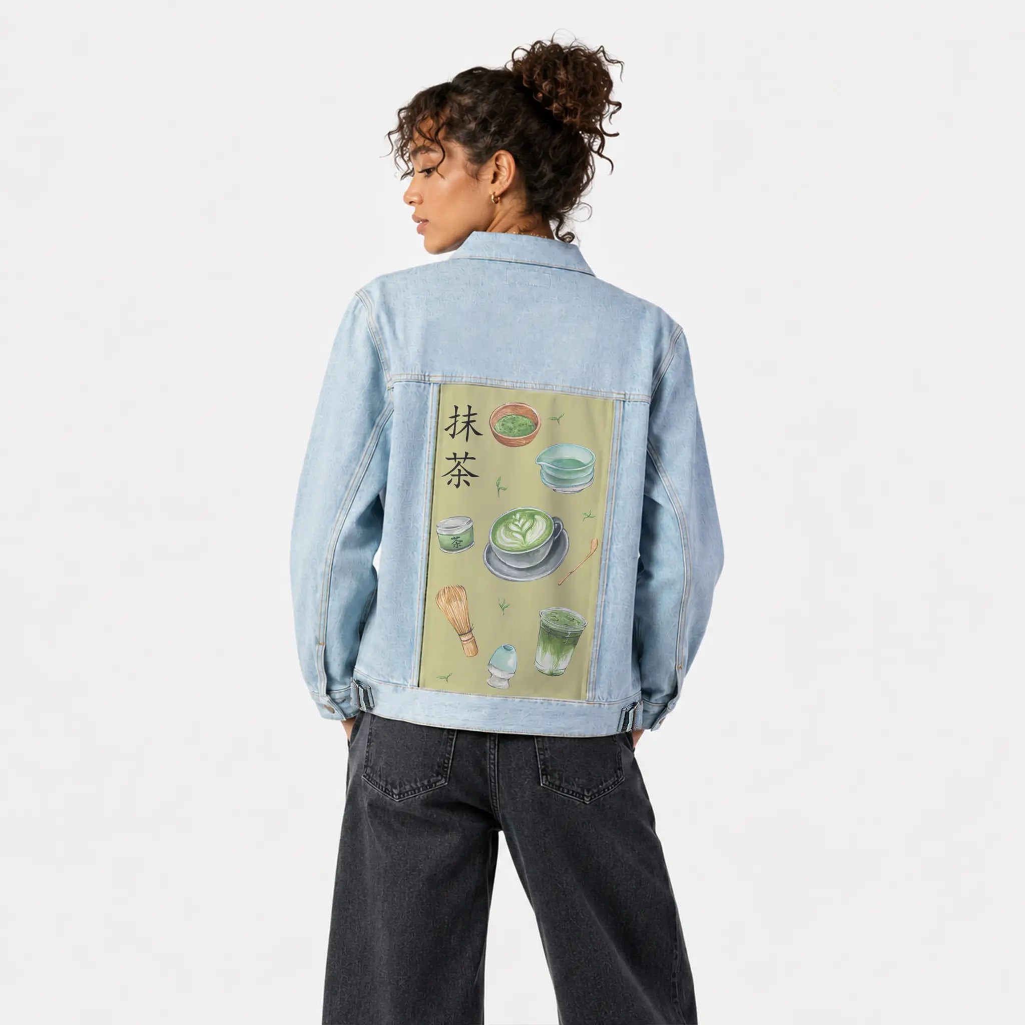matcha patch on female og denim jacket in oceanside