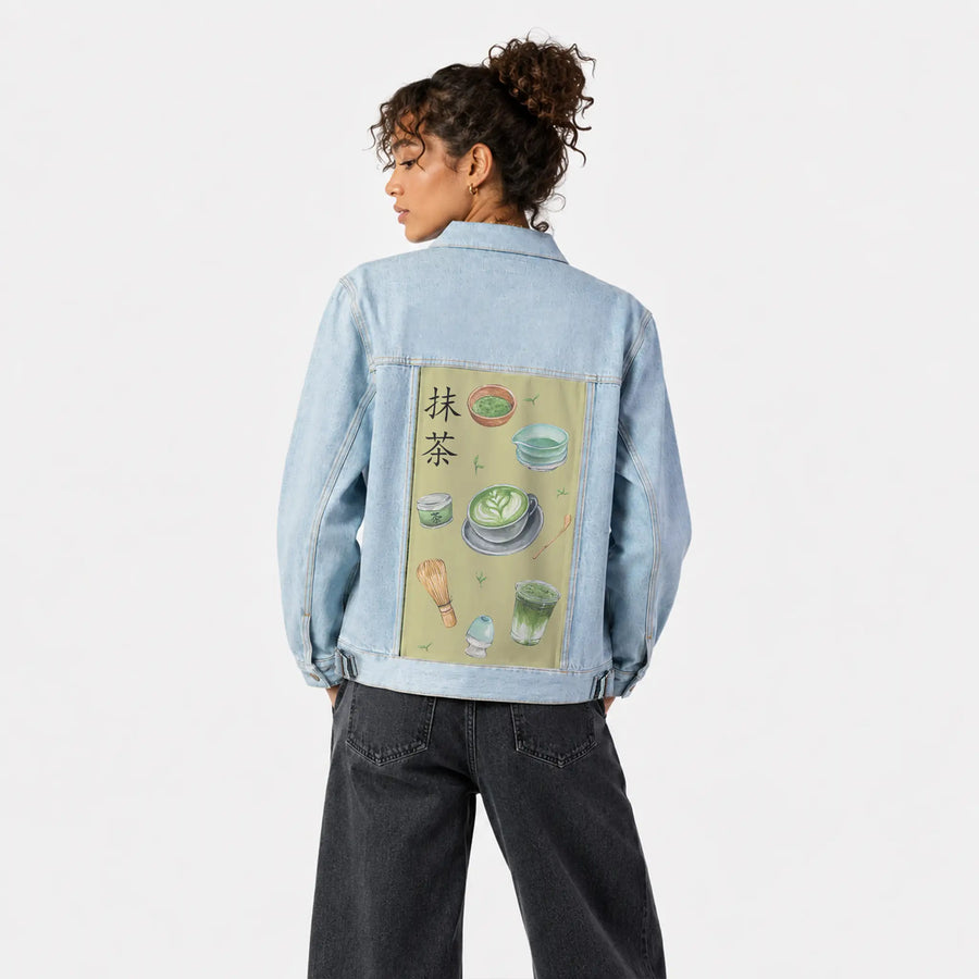matcha patch on female og denim jacket in oceanside