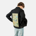 matcha patch on male og denim jacket in raven