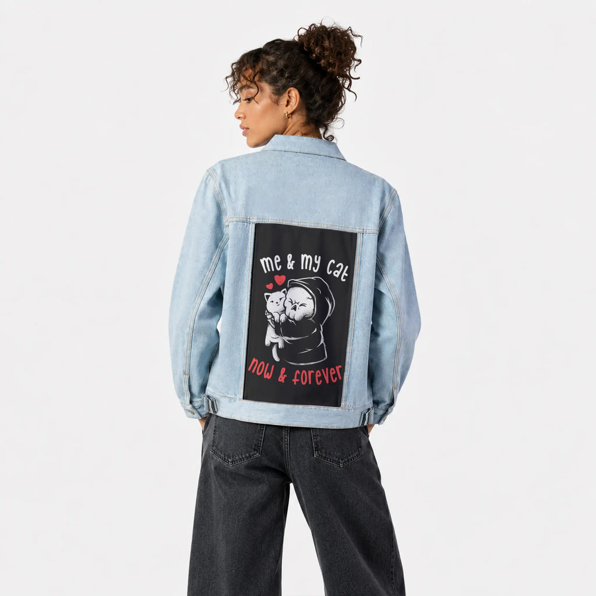 meandmycat patch on female og denim jacket in oceanside