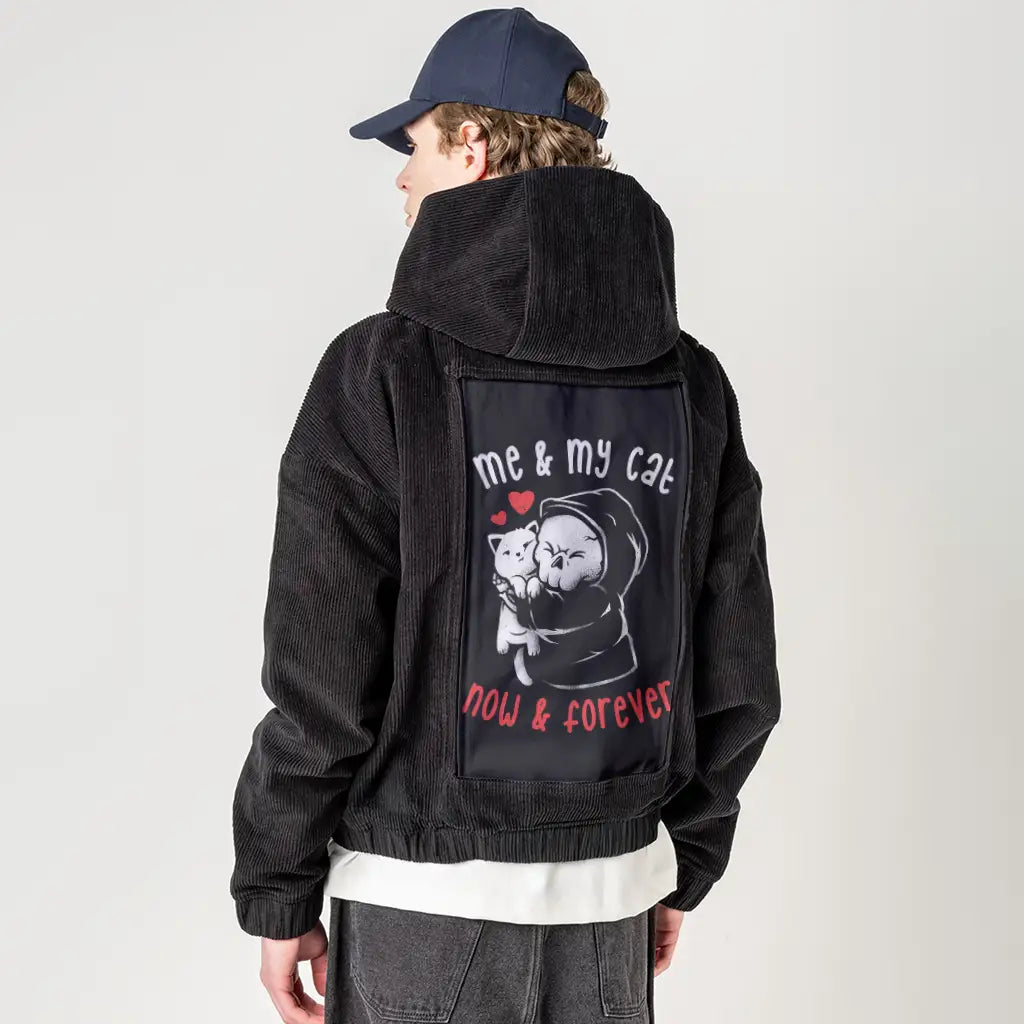 meandmycat patch on male retro cord hoodie in onyx