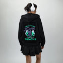 meandmydemons patch on female essential zip hoodie in after hours