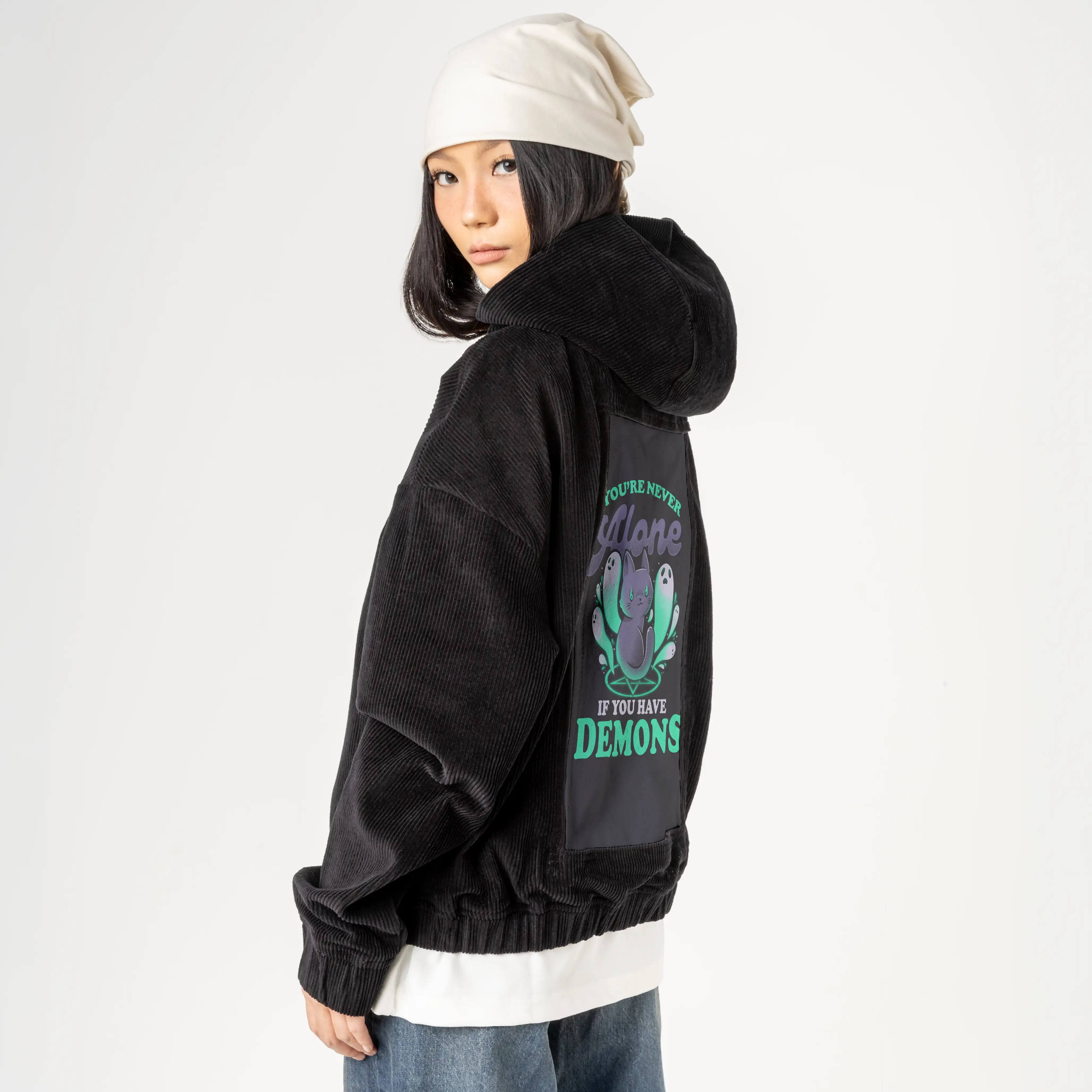 meandmydemons patch on female retro cord hoodie in onyx