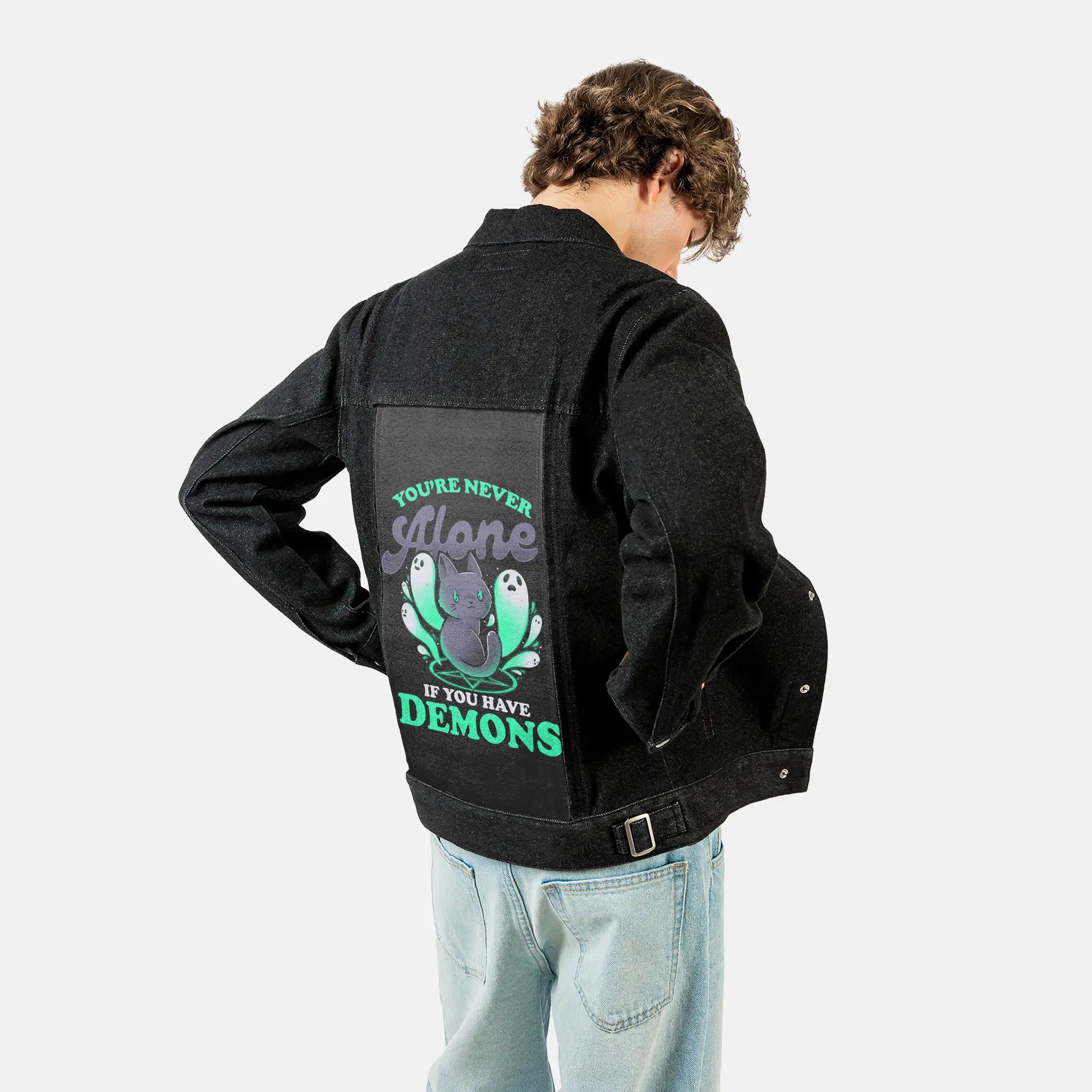 meandmydemons patch on male og denim jacket in raven