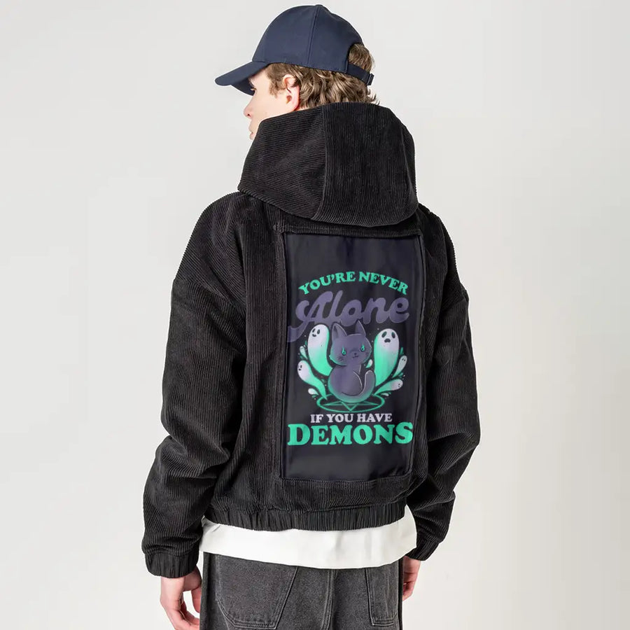 meandmydemons patch on male retro cord hoodie in onyx
