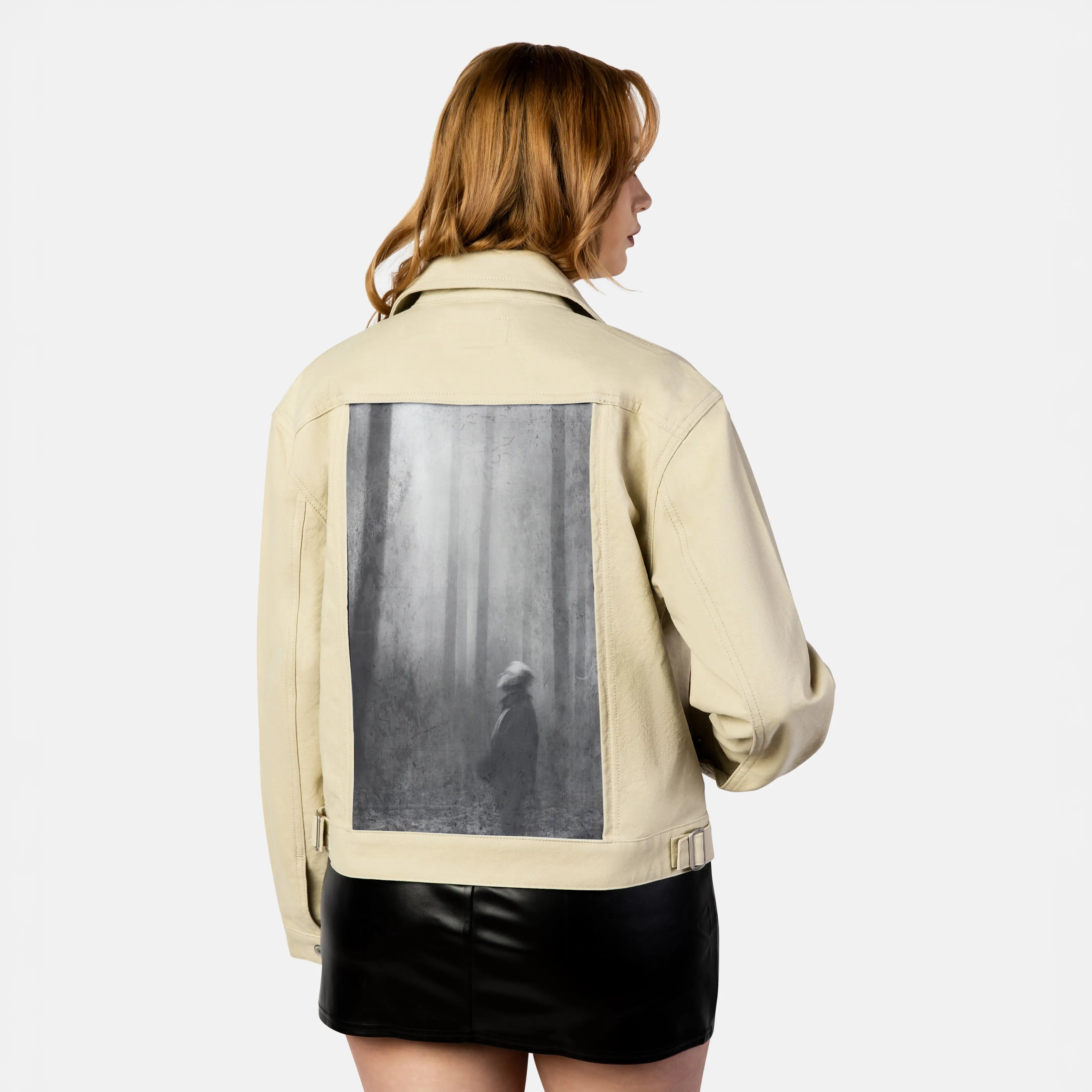 meditations patch on female atelier canvas jacket in tan