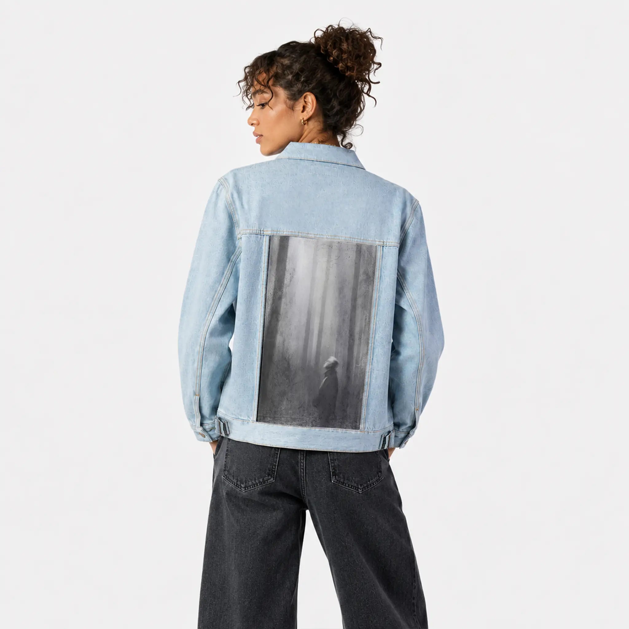 meditations patch on female og denim jacket in oceanside