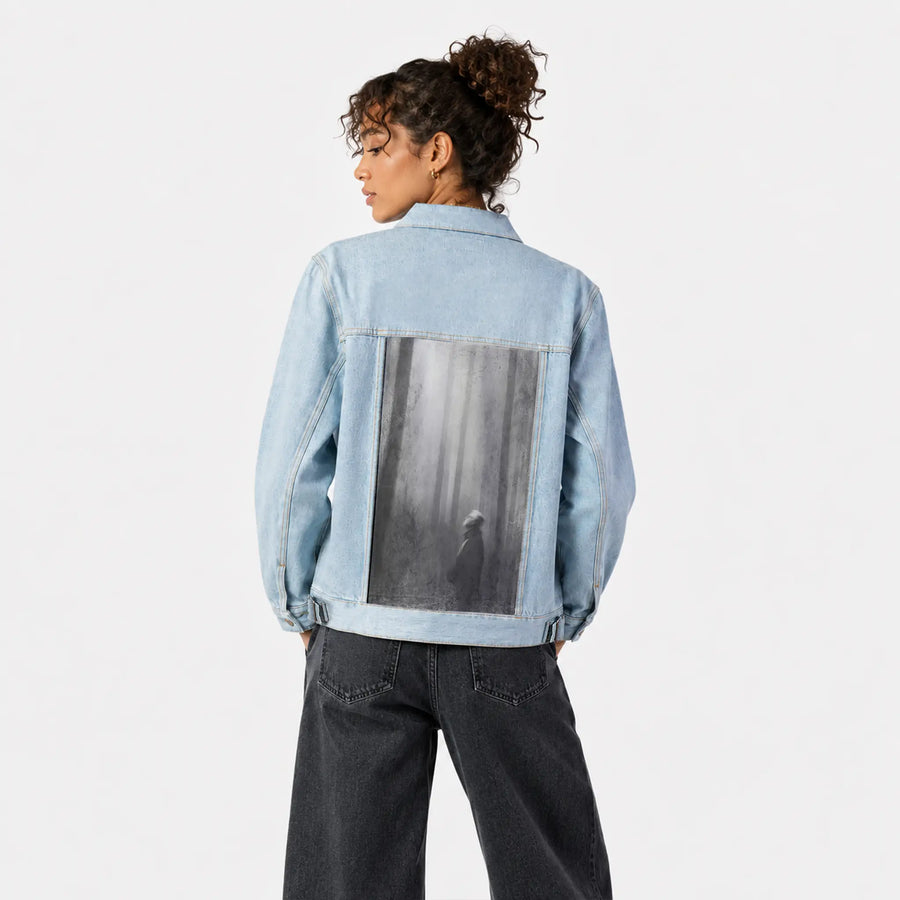 meditations patch on female og denim jacket in oceanside
