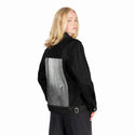 meditations patch on female og denim jacket in raven