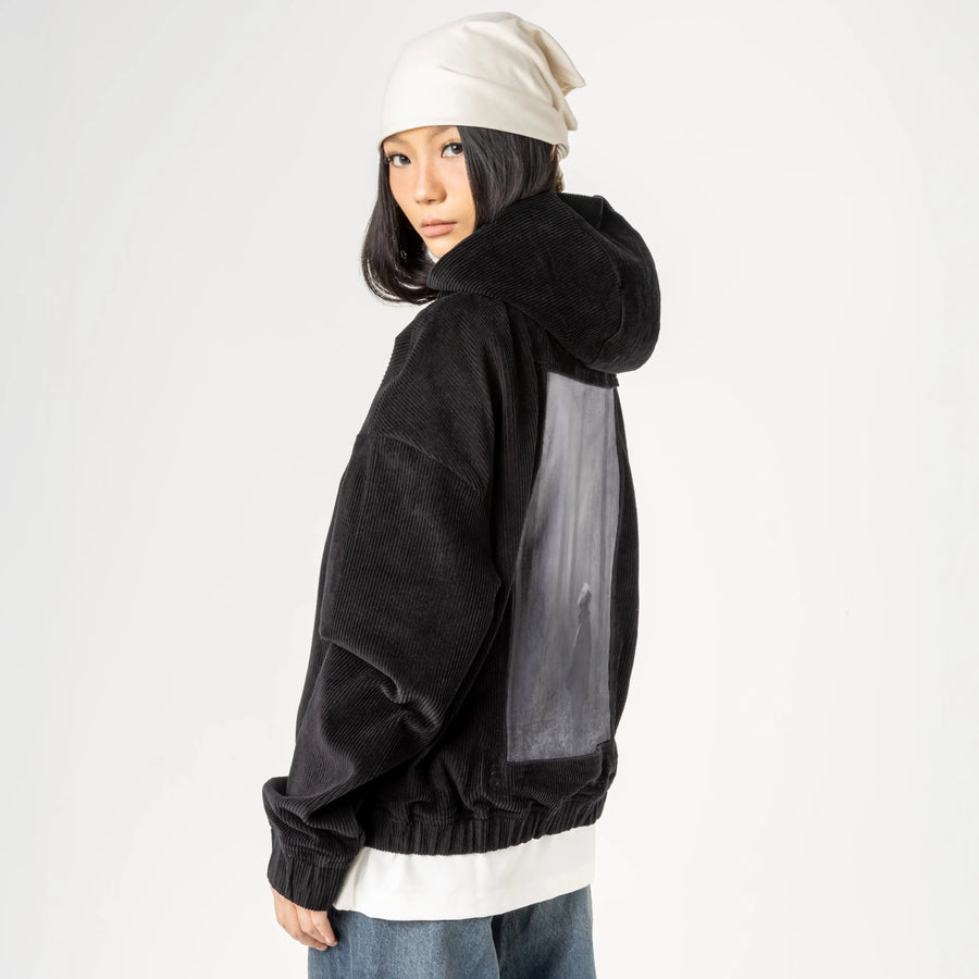 meditations patch on female retro cord hoodie in onyx