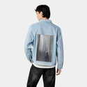 meditations patch on male og denim jacket in oceanside
