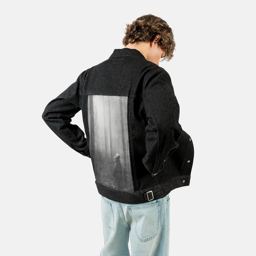 meditations patch on male og denim jacket in raven