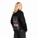 mehcat patch on female og denim jacket in raven