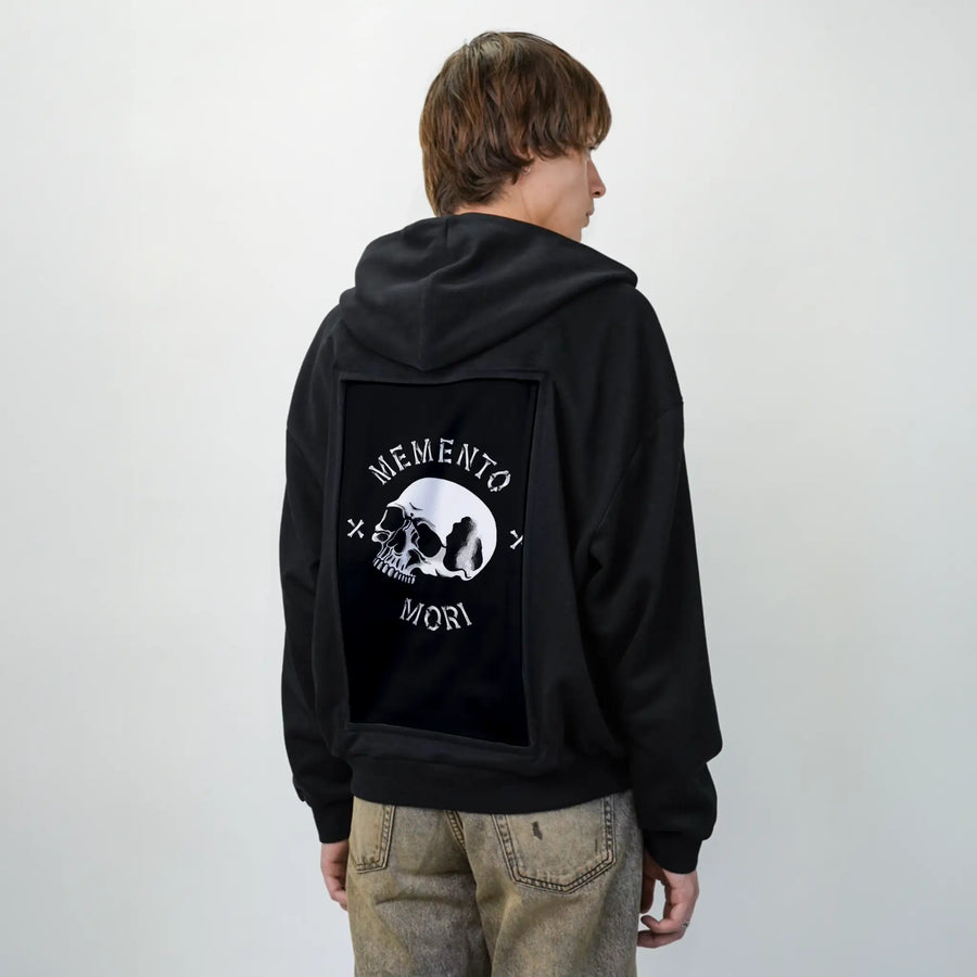 mementomori patch on male essential zip hoodie in after hours
