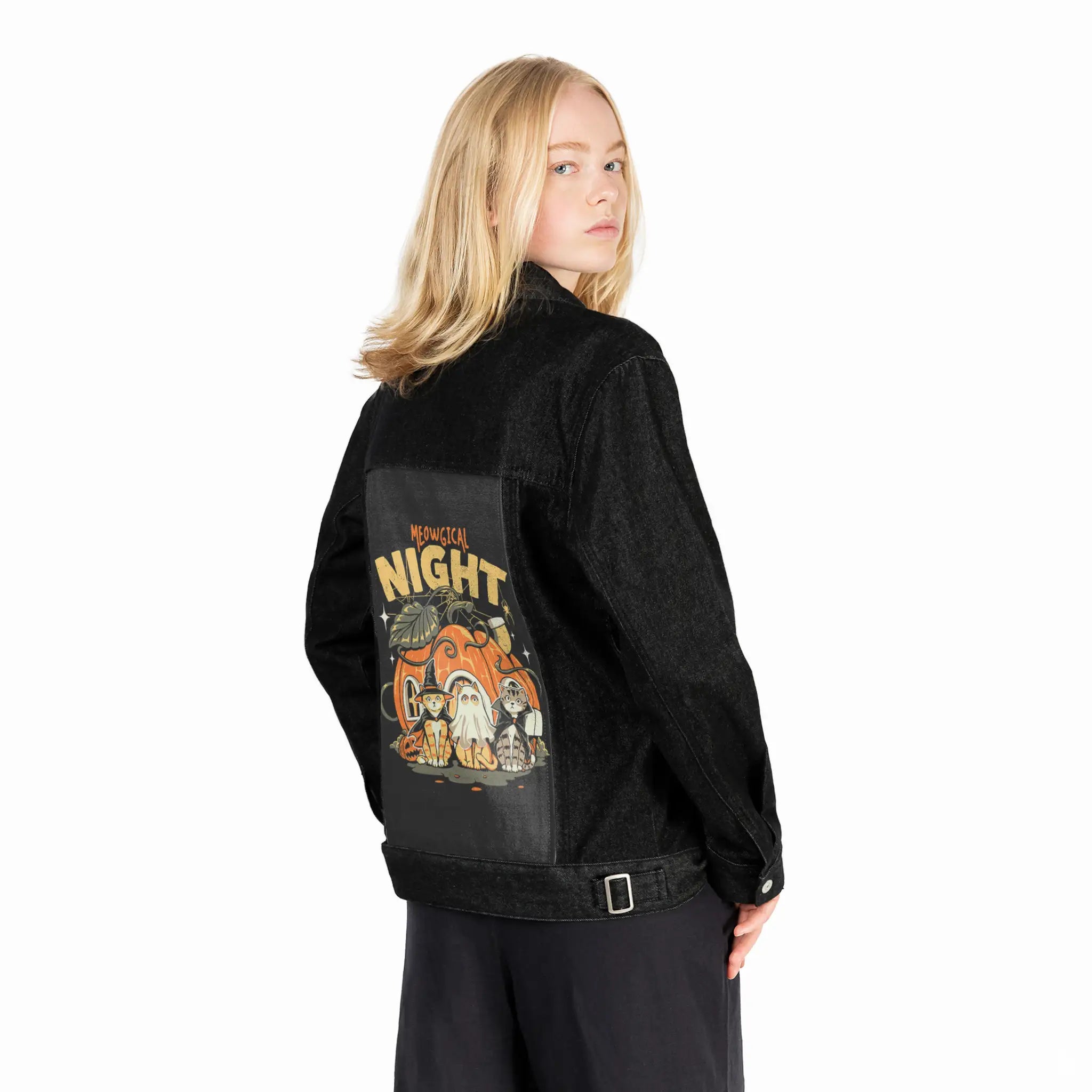 meowgicalnight patch on female og denim jacket in raven