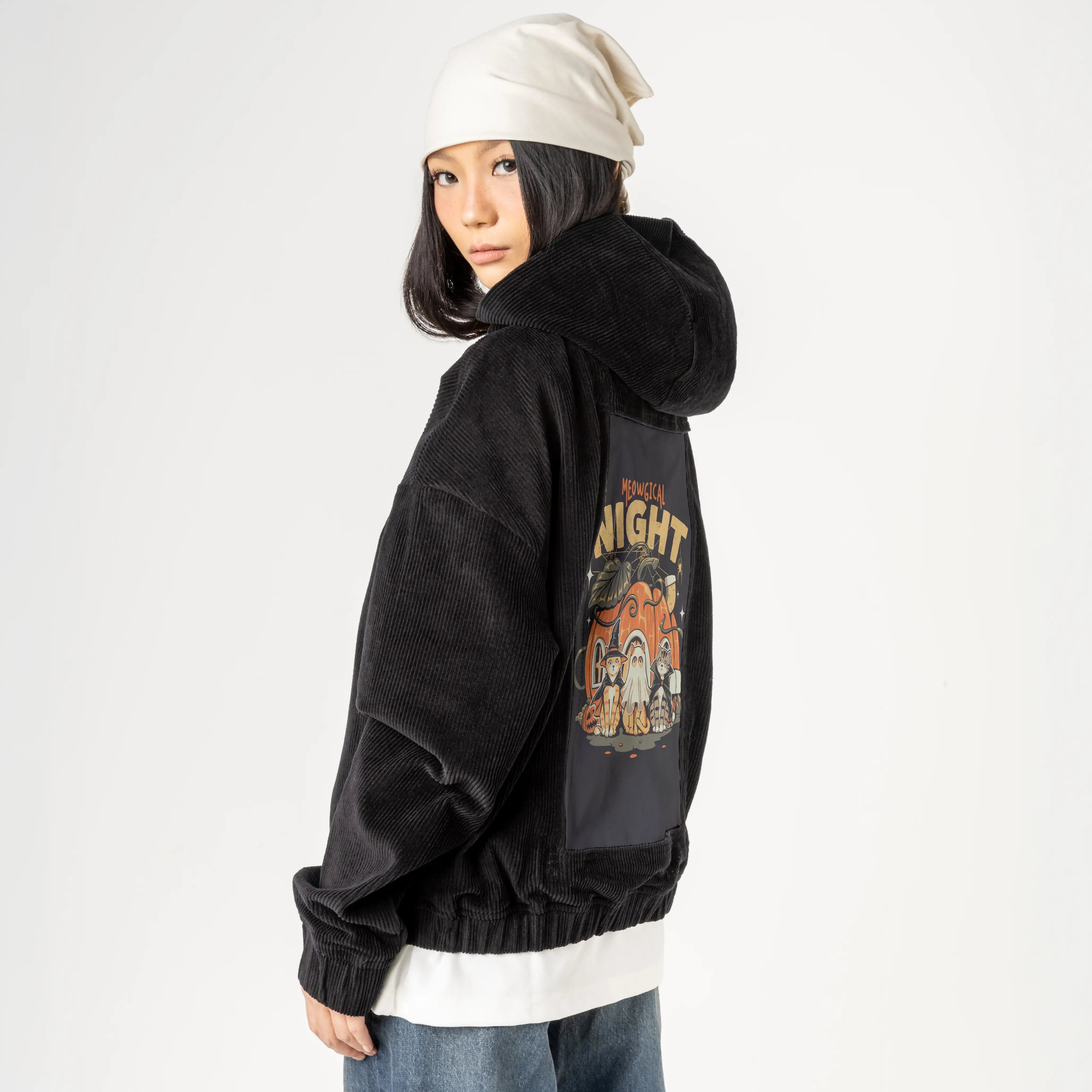 meowgicalnight patch on female retro cord hoodie in onyx