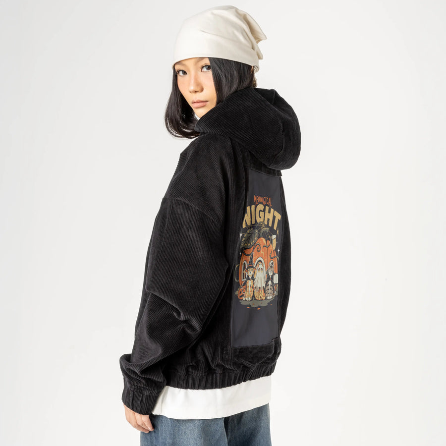 meowgicalnight patch on female retro cord hoodie in onyx