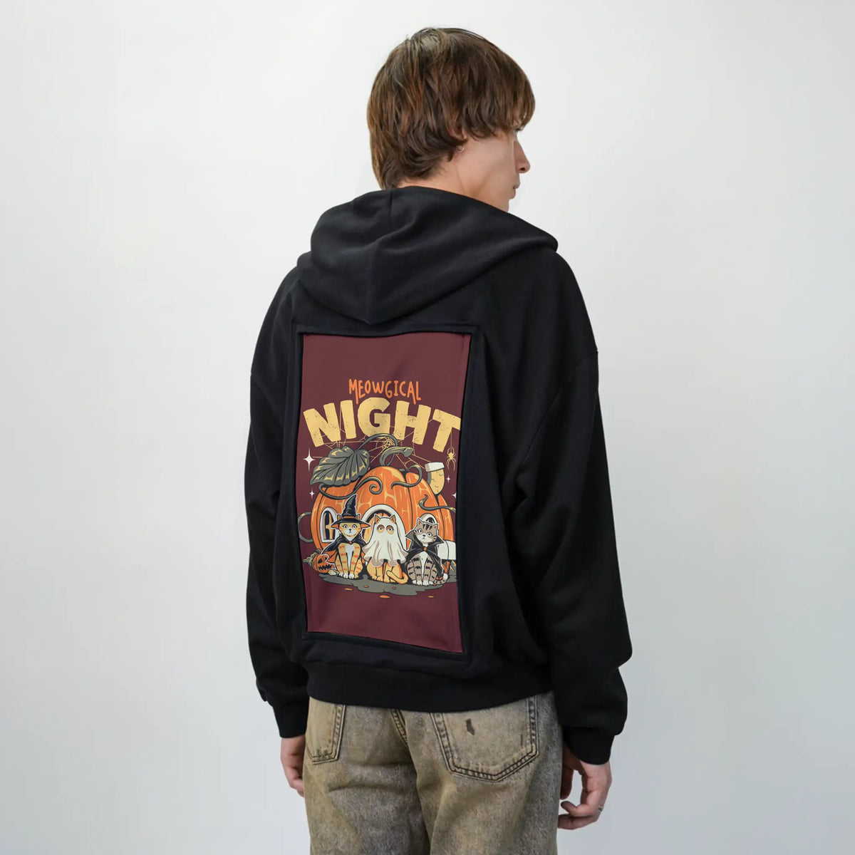 meowgicalnight patch on male essential zip hoodie in after hours