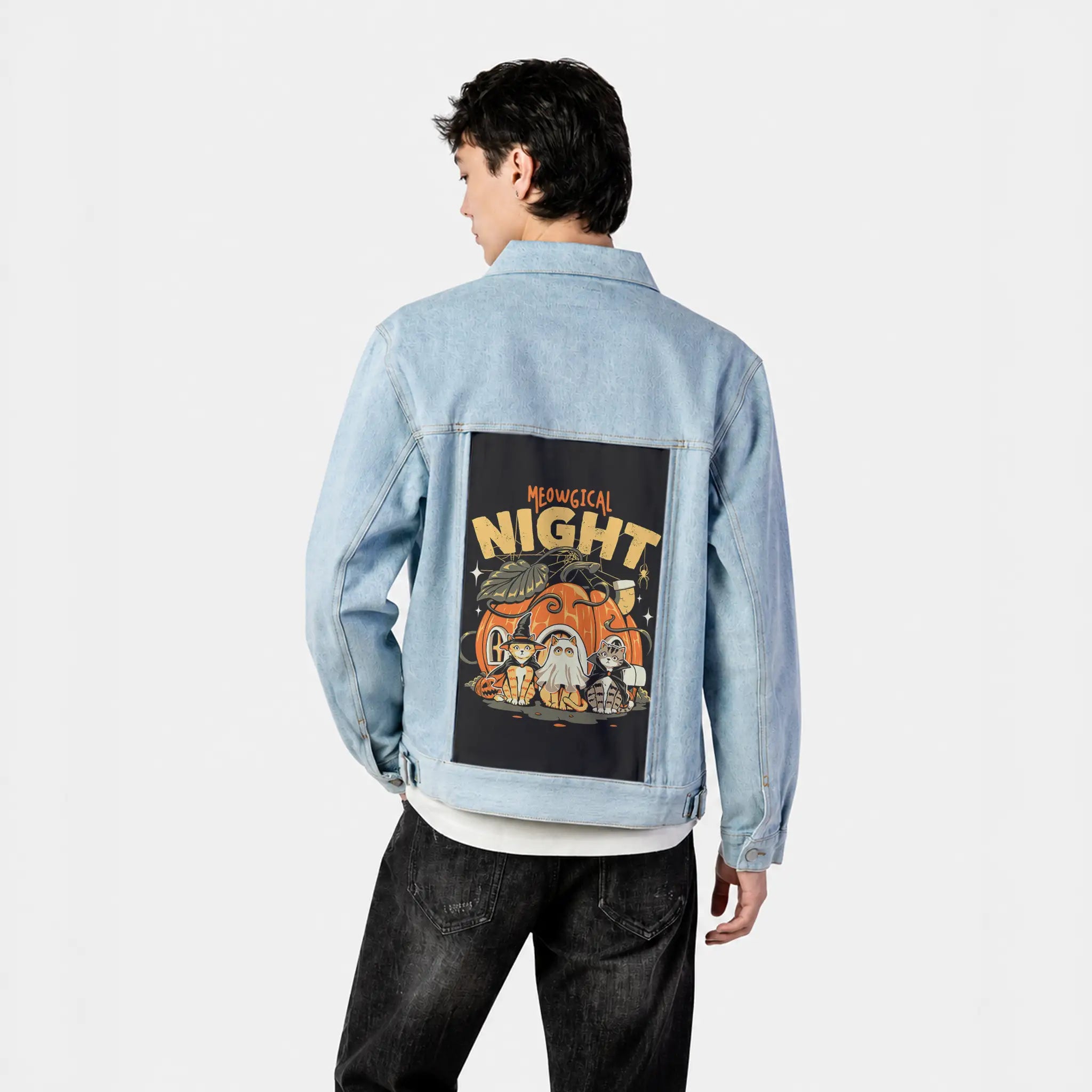 meowgicalnight patch on male og denim jacket in oceanside