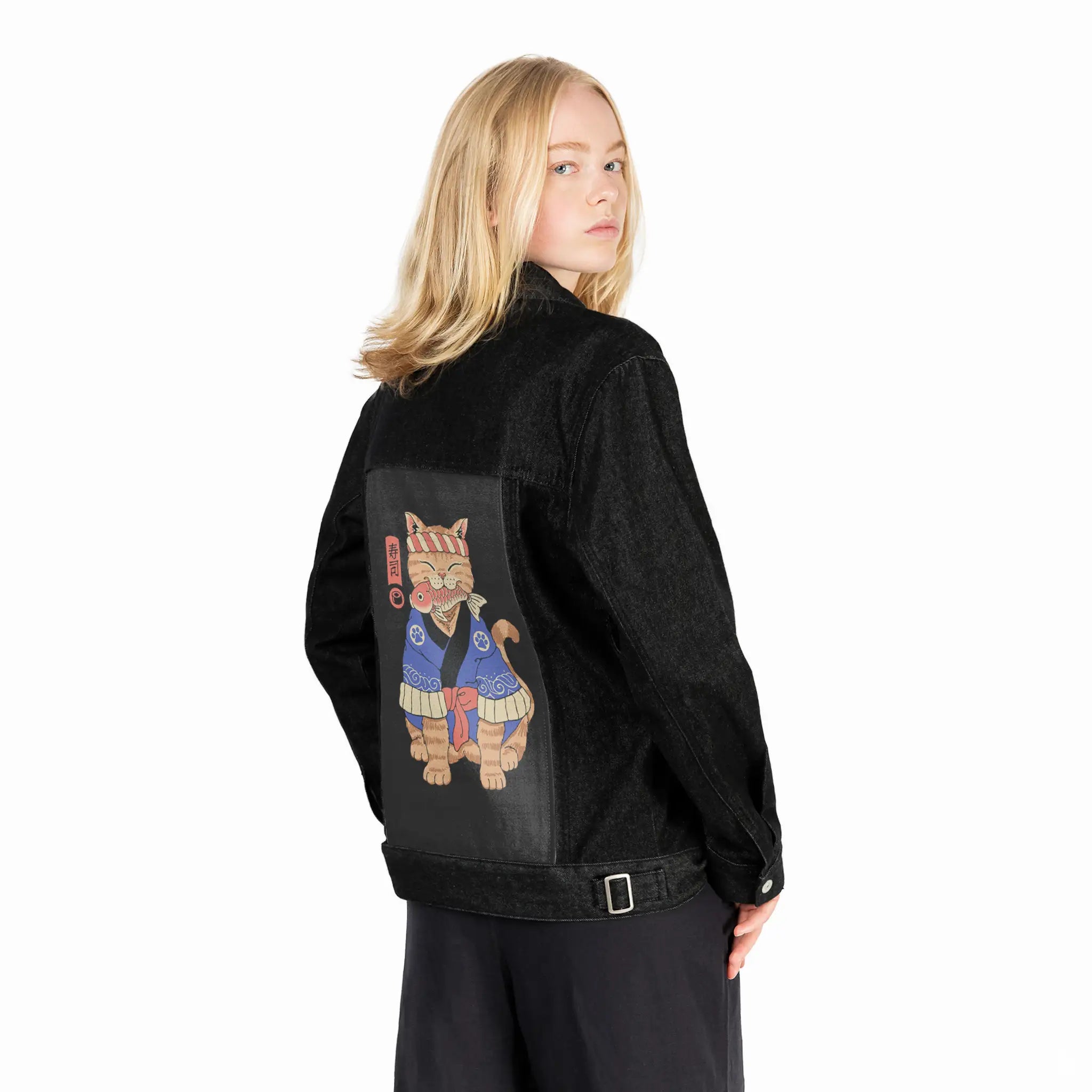 meowster patch on female og denim jacket in raven