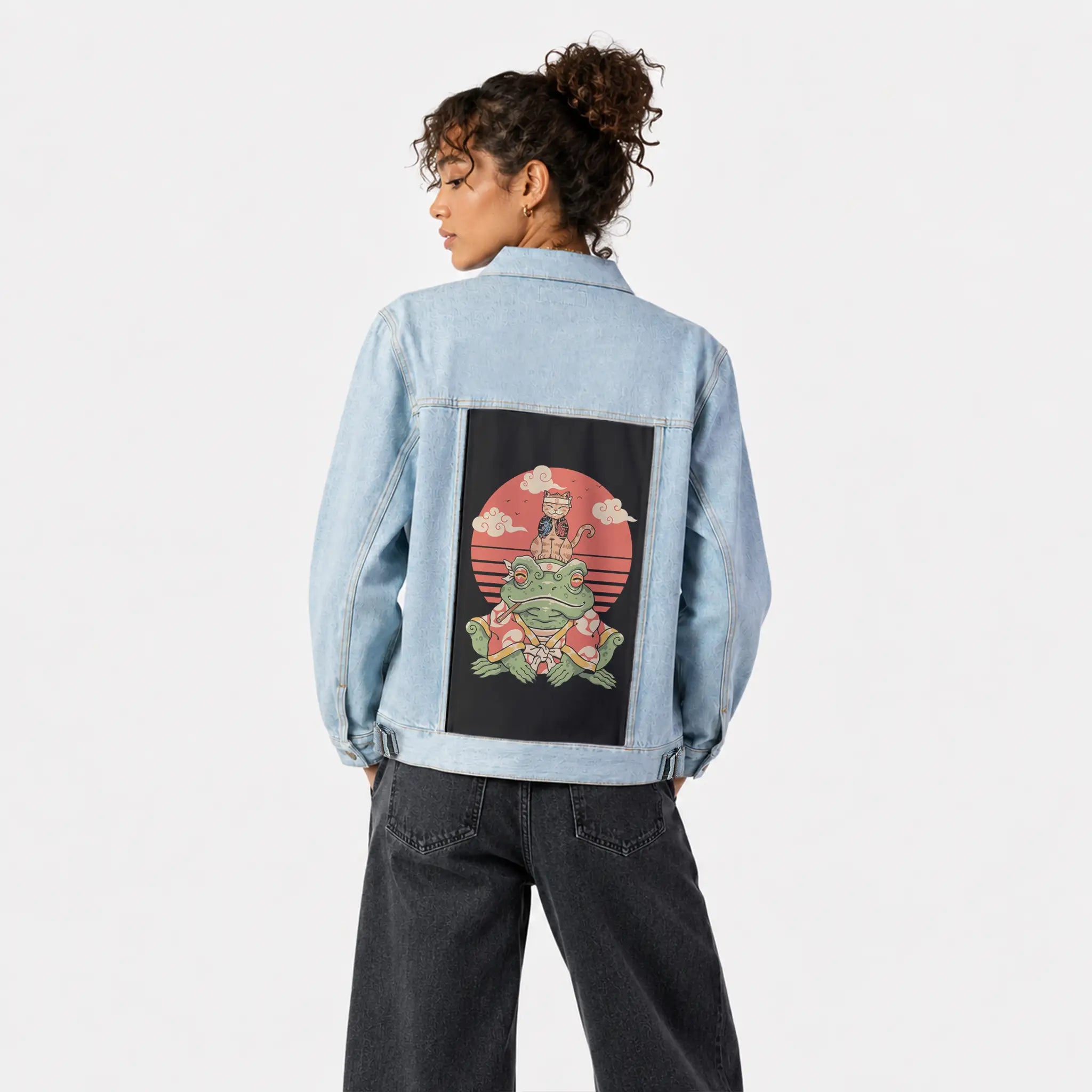 meowsterandcroaker patch on female og denim jacket in oceanside