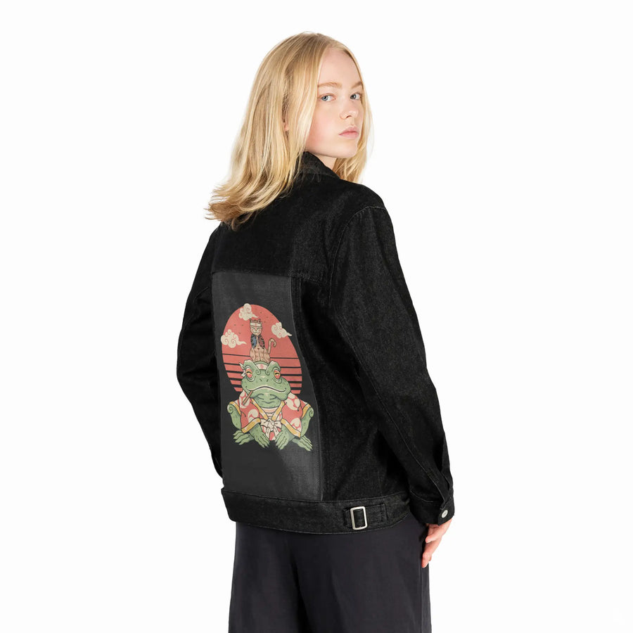 meowsterandcroaker patch on female og denim jacket in raven