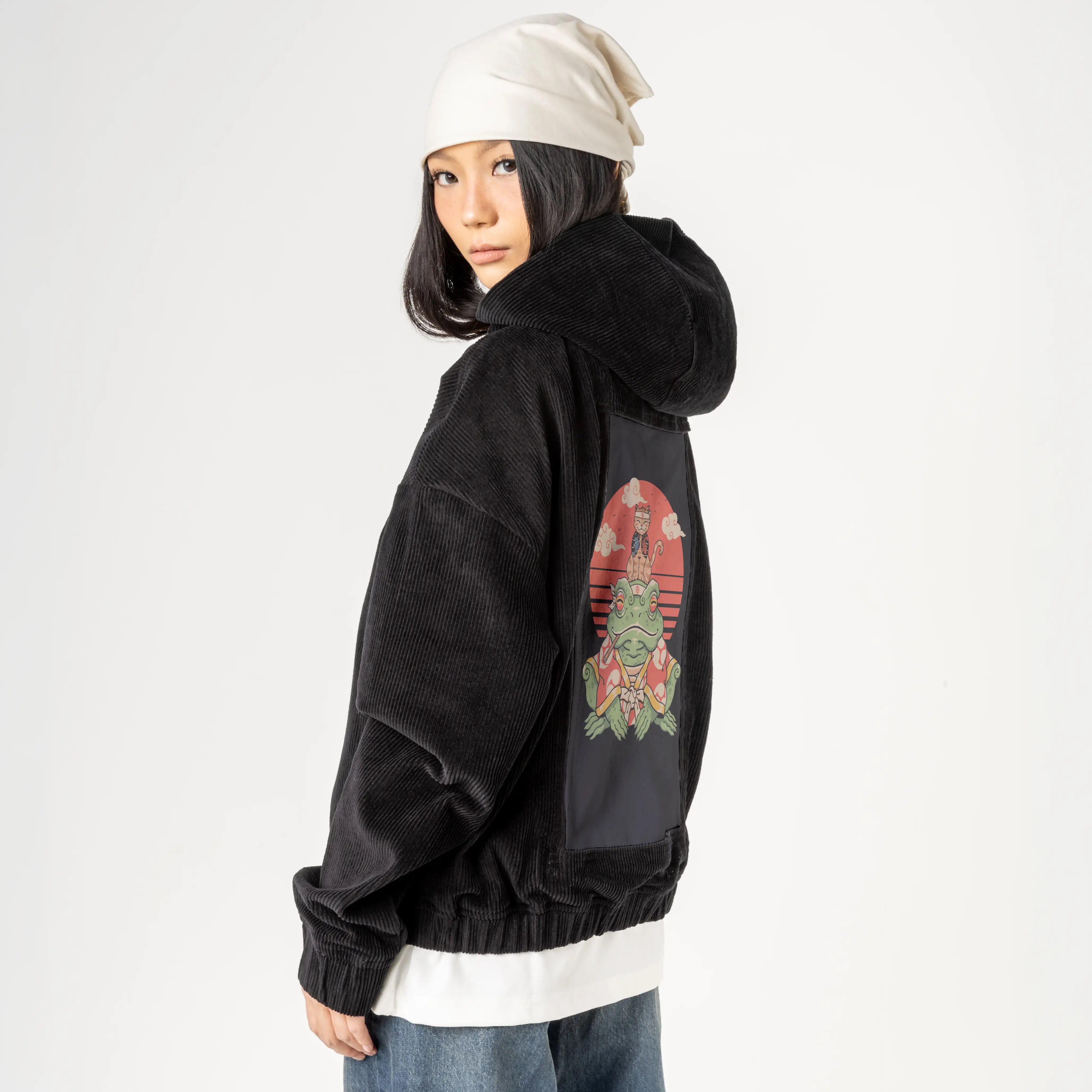 meowsterandcroaker patch on female retro cord hoodie in onyx