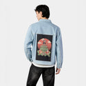 meowsterandcroaker patch on male og denim jacket in oceanside