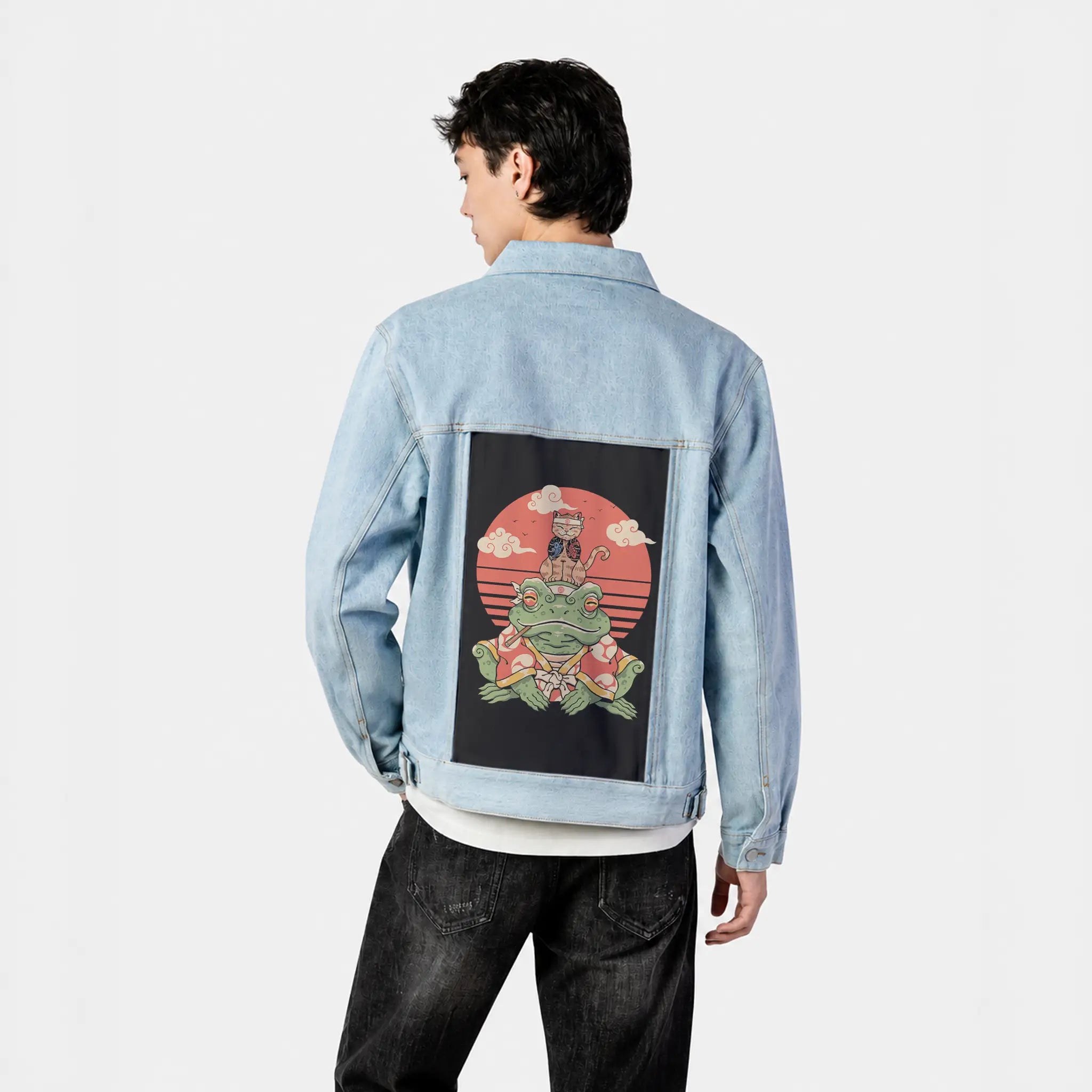 meowsterandcroaker patch on male og denim jacket in oceanside