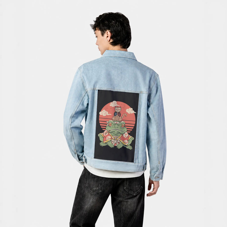 meowsterandcroaker patch on male og denim jacket in oceanside