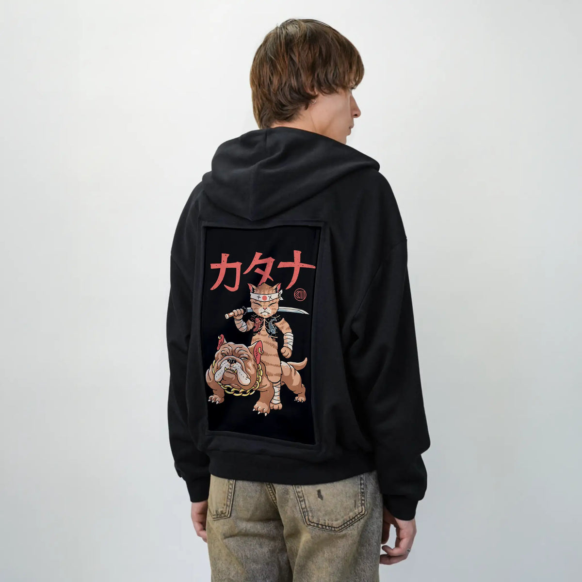 meowstercatanaonbulldog patch on male essential zip hoodie in after hours