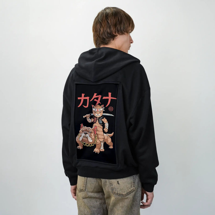 meowstercatanaonbulldog patch on male essential zip hoodie in after hours