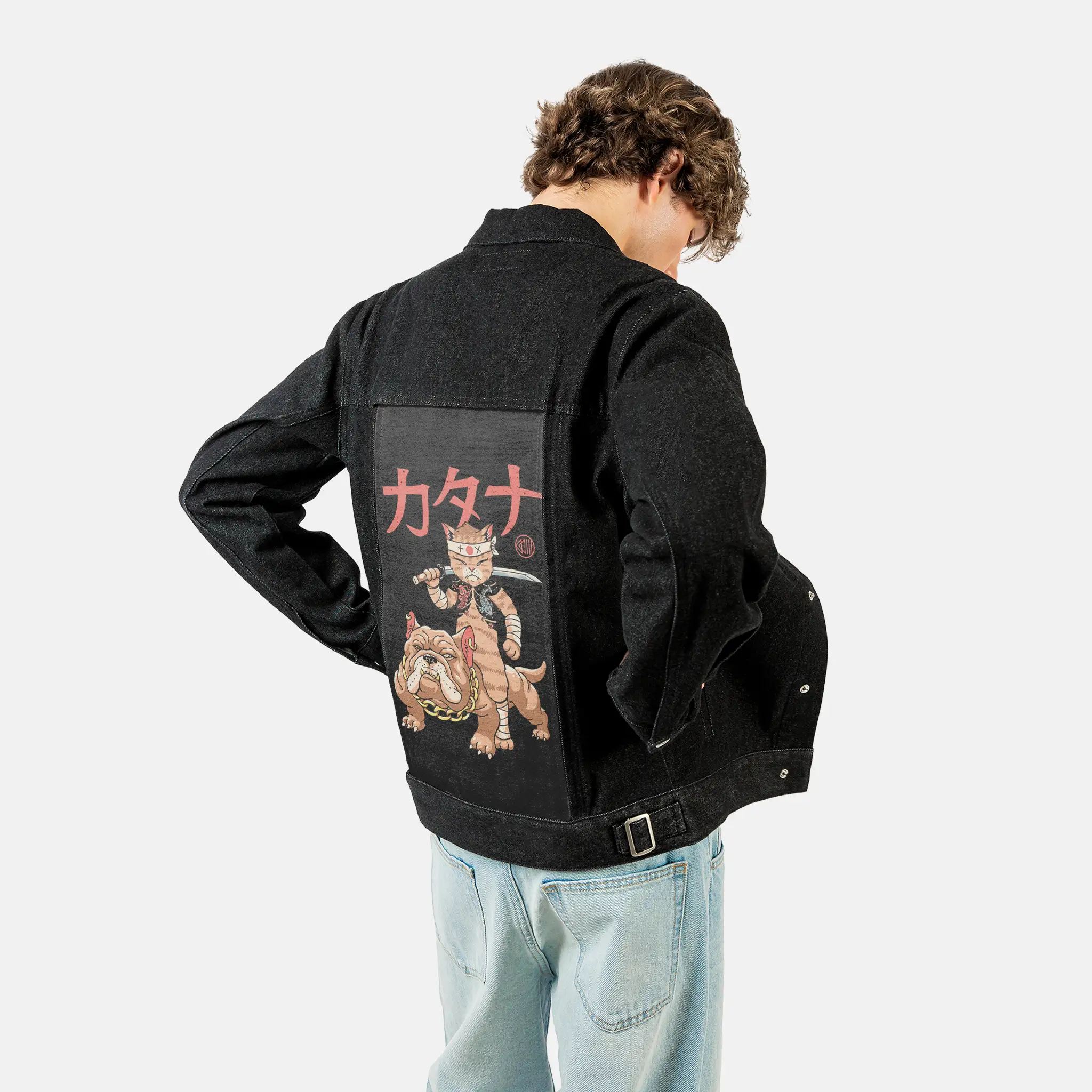 meowstercatanaonbulldog patch on male og denim jacket in raven