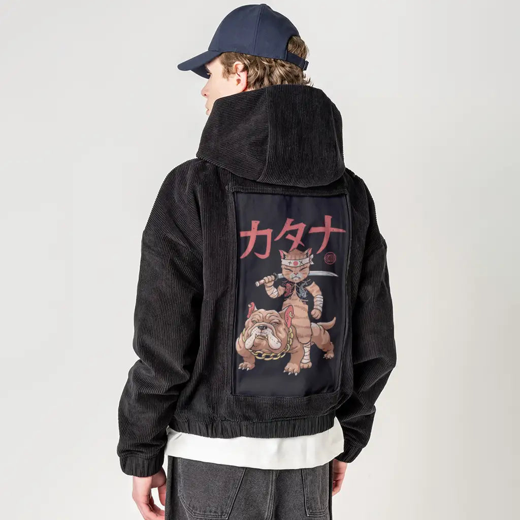 meowstercatanaonbulldog patch on male retro cord hoodie in onyx