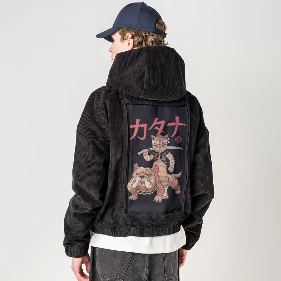 meowstercatanaonbulldog patch on male retro cord hoodie in onyx