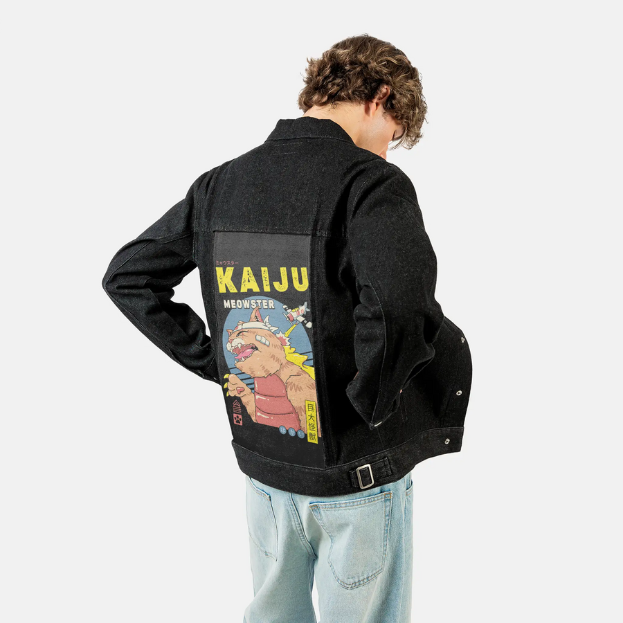 meowsterdestruction patch on male og denim jacket in raven