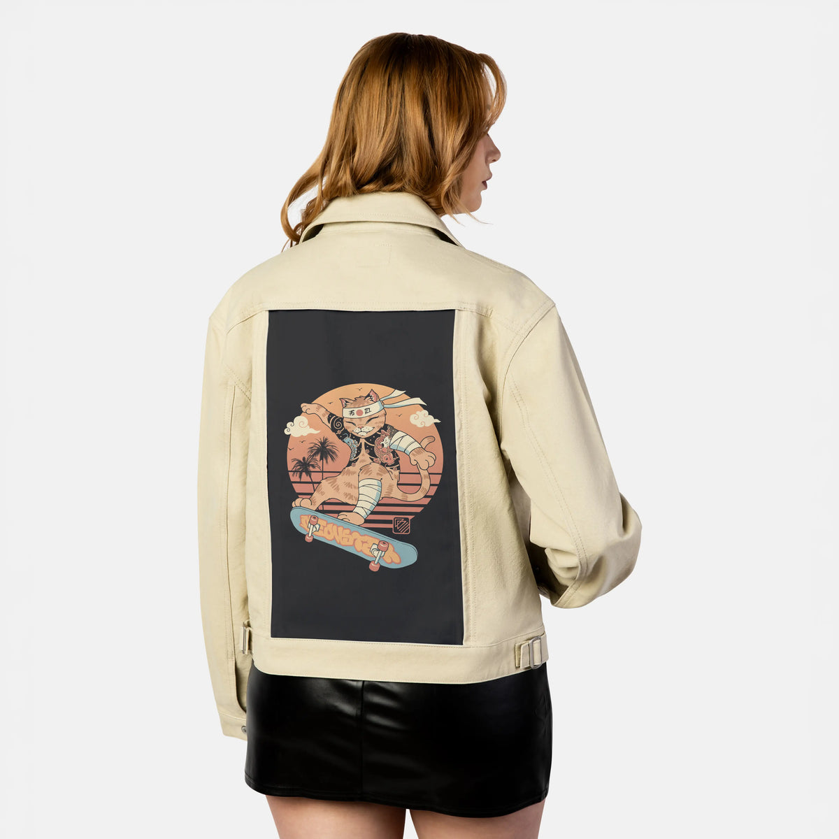 meowsterkoiskater patch on female atelier canvas jacket in tan