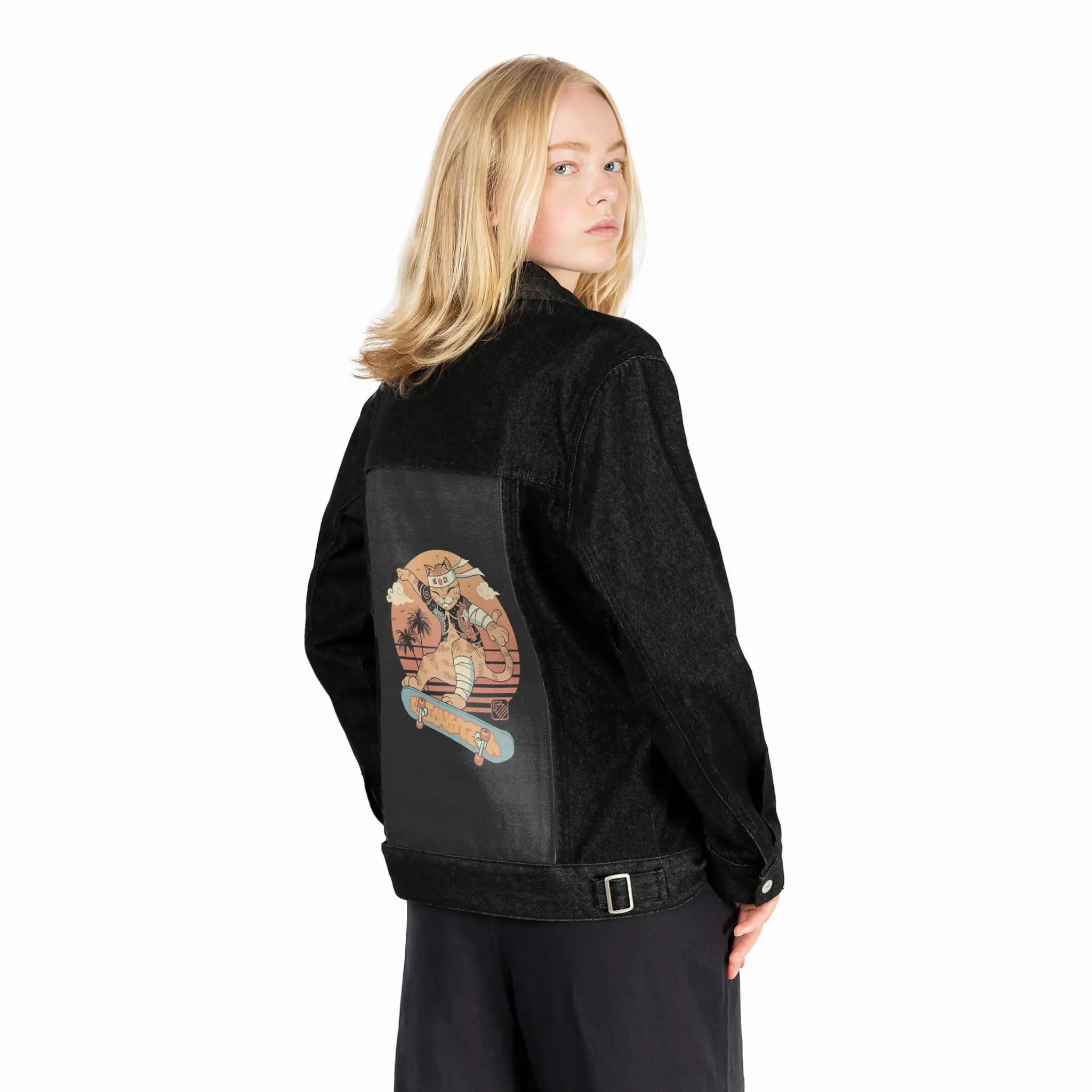 meowsterkoiskater patch on female og denim jacket in raven